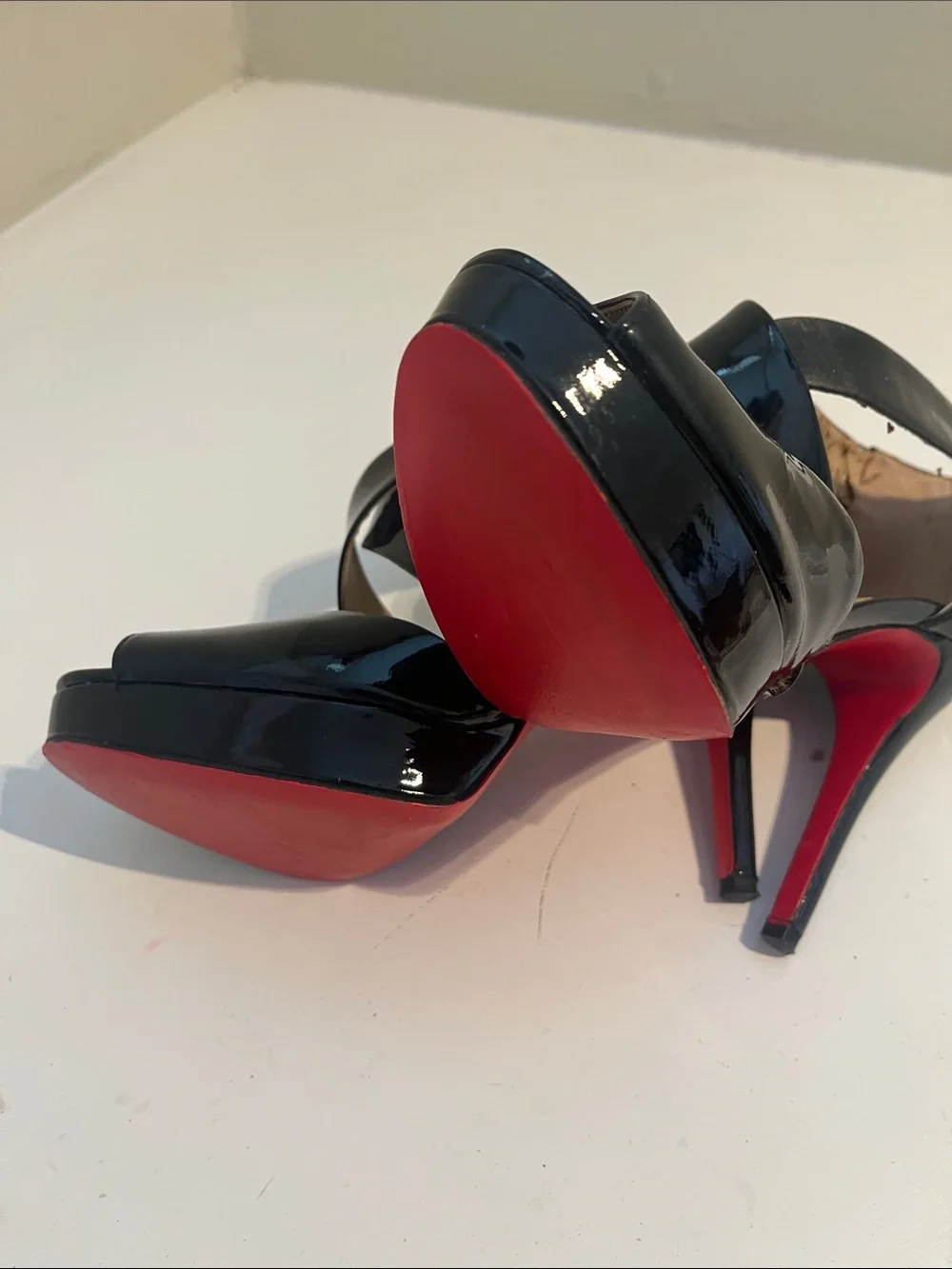 Michael Kors Black Patent Cross-Strap Peep-Toe Platform Heels w/red bottoms!